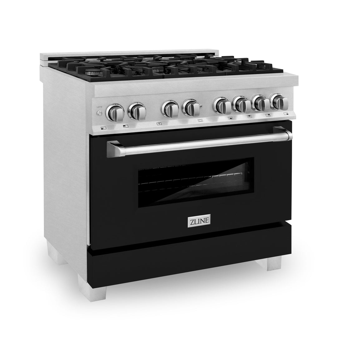 ZLINE 36 in. Professional Gas Burner/Electric Oven in DuraSnow® Stainless with Black Matte Door, RAS-BLM-36