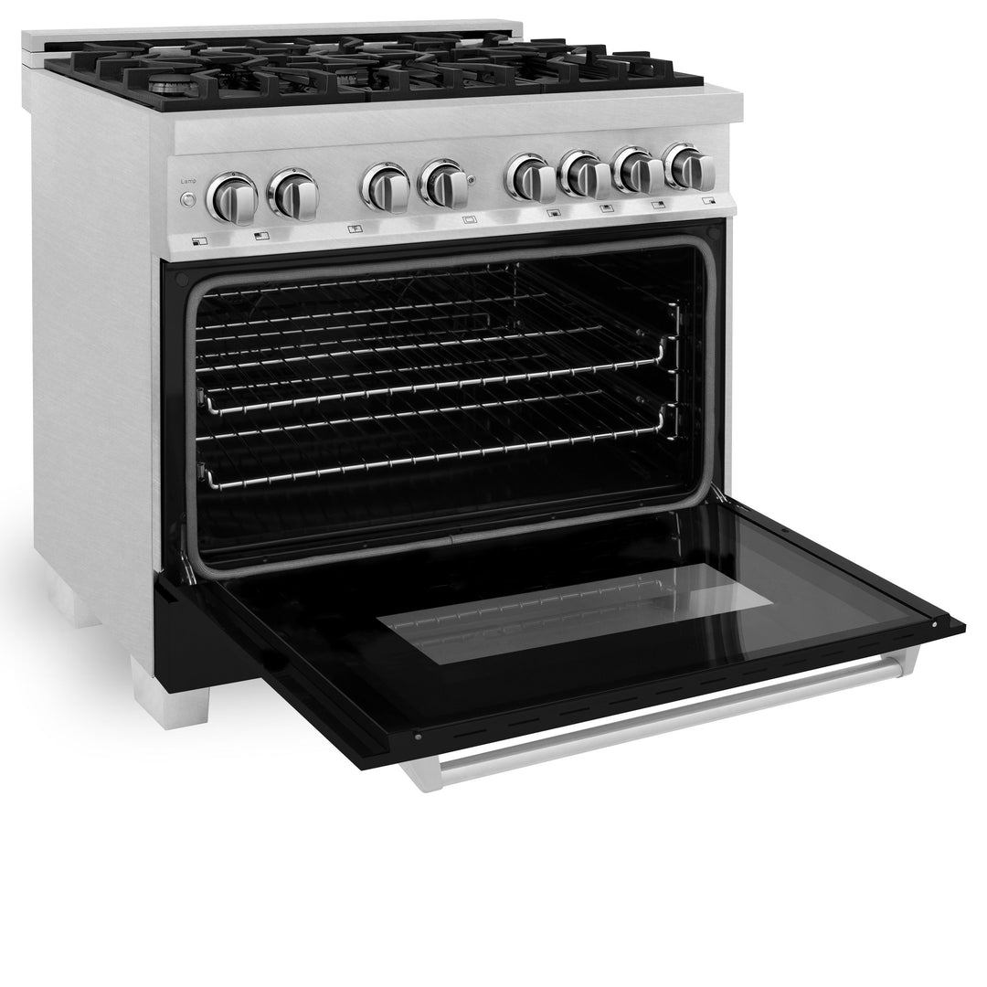 ZLINE 36 in. Professional Gas Burner/Electric Oven in DuraSnow® Stainless with Black Matte Door, RAS-BLM-36