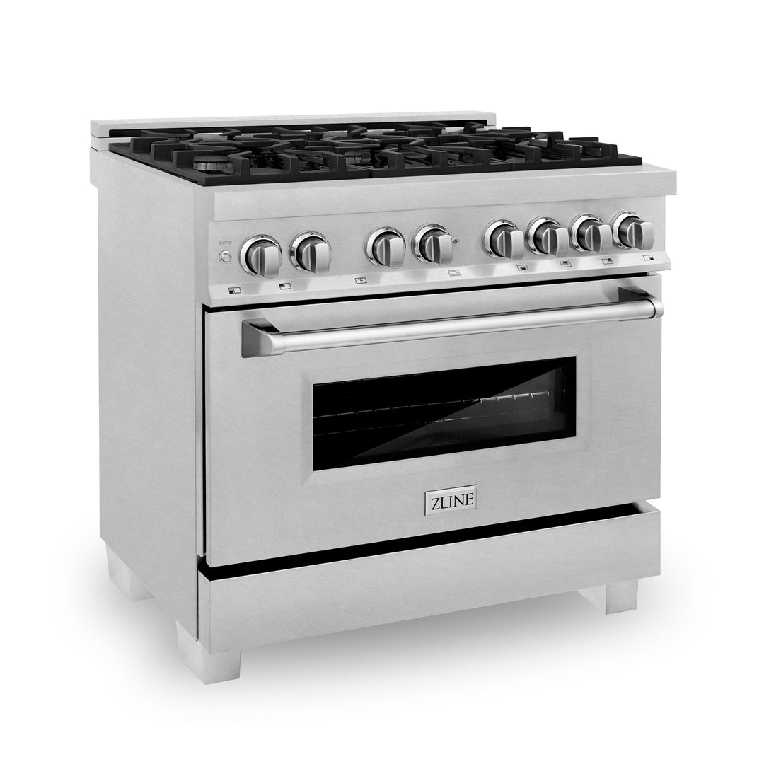 ZLINE Kitchen and Bath 36 in. Professional Gas Burner/Electric Oven in DuraSnow® Stainless with DuraSnow® Stainless Door, RAS-SN-36