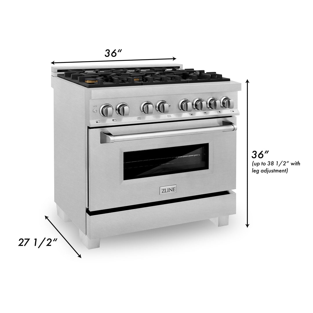 ZLINE Kitchen and Bath 36 in. Professional Gas Burner/Electric Oven in DuraSnow® Stainless with Brass Burners, RAS-SN-BR-36