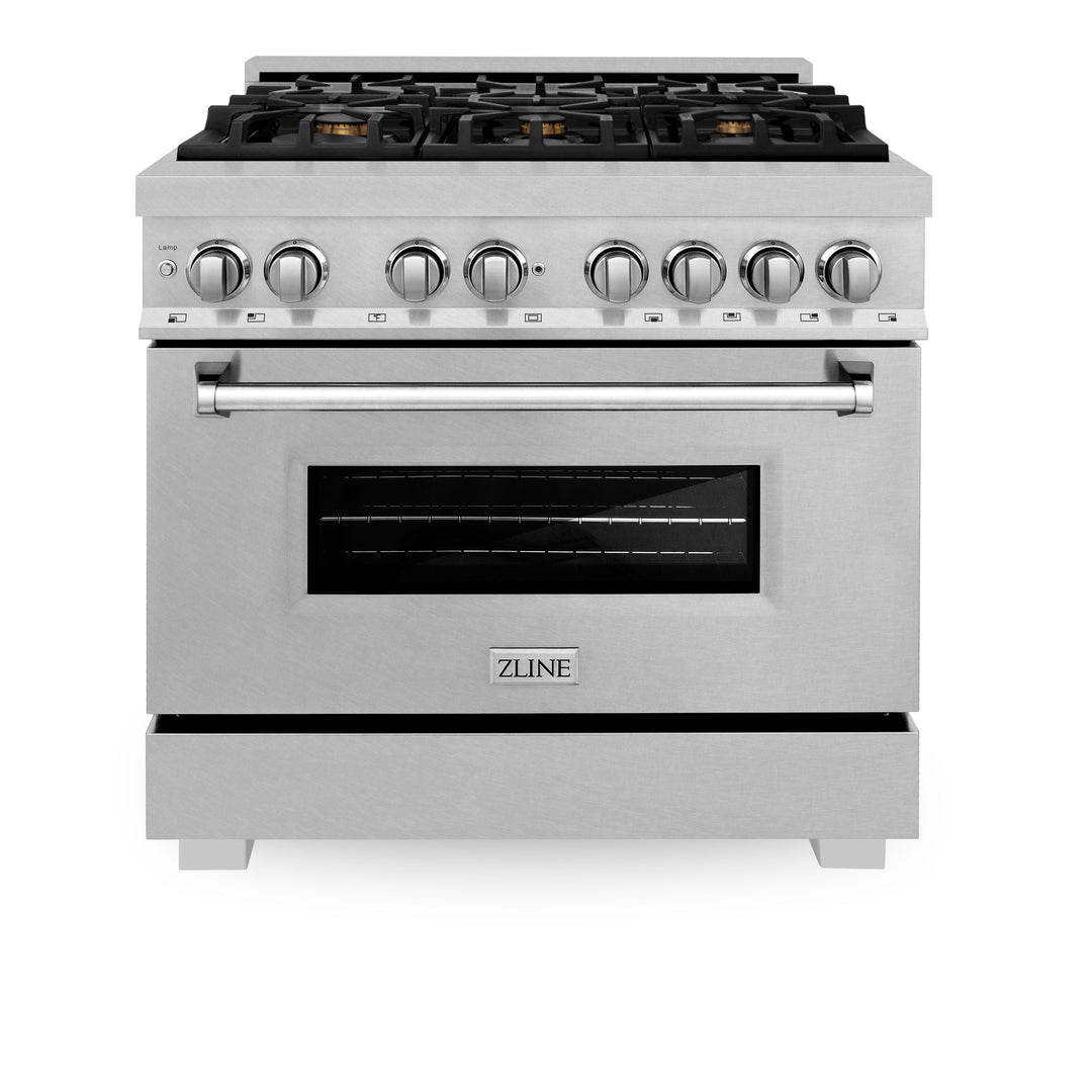 ZLINE Kitchen and Bath 36 in. Professional Gas Burner/Electric Oven in DuraSnow® Stainless with Brass Burners, RAS-SN-BR-36