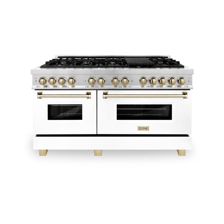 ZLINE Autograph 60" 7.4 cu. ft. Dual Fuel Range with White Matte Door and Gold Accents, RAZ-WM-60-G