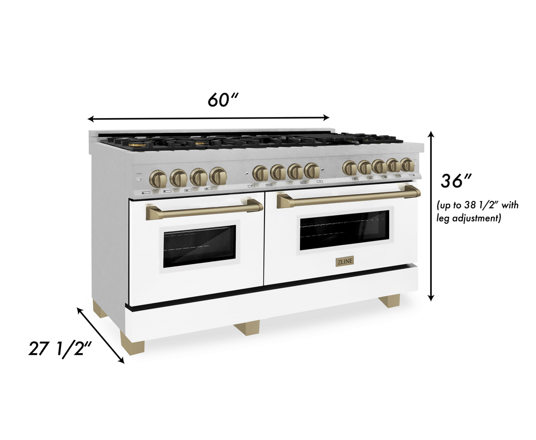 ZLINE Autograph 60 in. 7.6 cu. ft. Range, Gas Stove, Electric Oven in DuraSnow® with White Matte Door and Champagne Bronze Accents, RASZ-WM-60-CB