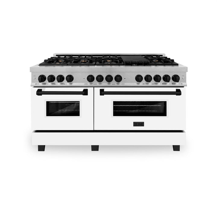 ZLINE Autograph Edition 60 in. 7.4 cu. ft. Legacy Dual Fuel Range with 9 Burner Gas Cooktop and 2 Electric Convection Ovens in Stainless Steel with White Matte Doors and Matte Black Accents (RAZ-WM-60-MB)