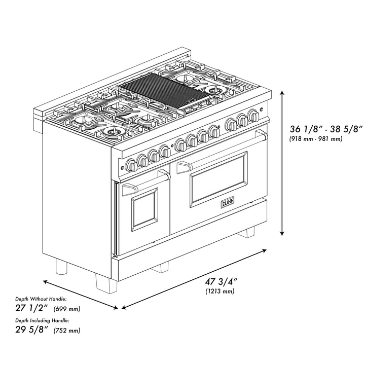 ZLINE 48 in. 6.0 cu. ft. Legacy Dual Fuel Range with 7 Burner Gas Cooktop and 2 Electric Ovens in Satin Stainless Steel with Griddle (RAS-SN-GR-48)