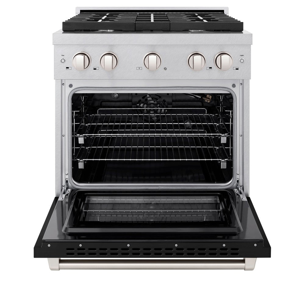 ZLINE 30" 4.2 cu. ft. Paramount Dual Fuel Range with 4 Burners in DuraSnow® Stainless Steel with Black Matte Door, SDRS-BLM-30