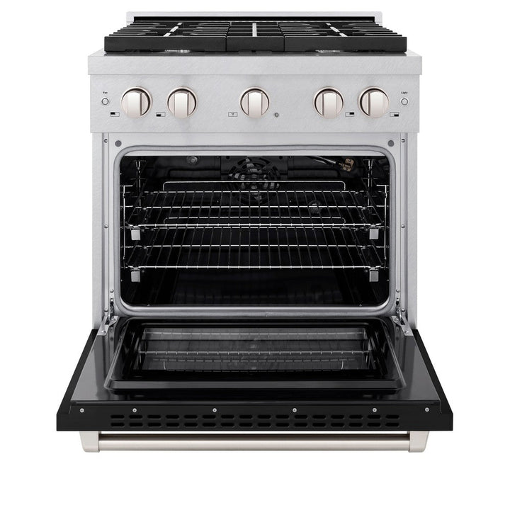 ZLINE 30" 4.2 cu. ft. Paramount Dual Fuel Range with 4 Burners in DuraSnow® Stainless Steel with Black Matte Door, SDRS-BLM-30