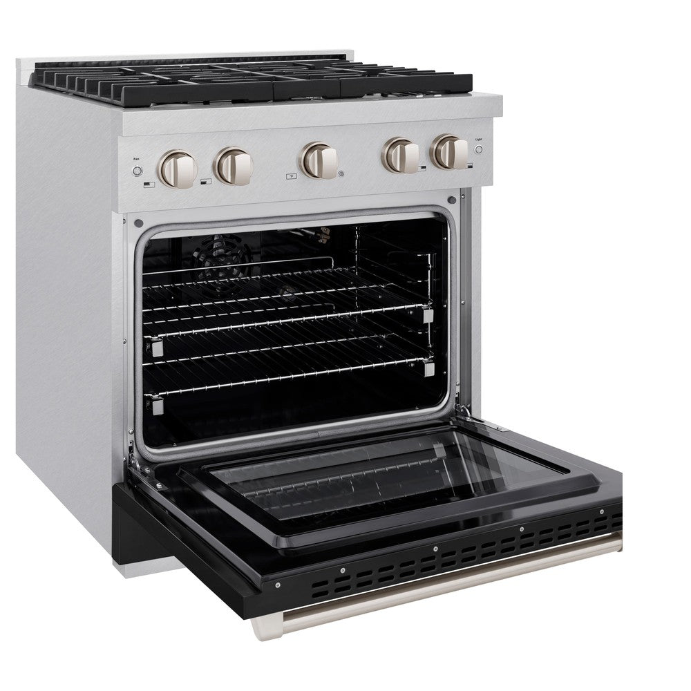 ZLINE 30" 4.2 cu. ft. Paramount Dual Fuel Range with 4 Burners in DuraSnow® Stainless Steel with Black Matte Door, SDRS-BLM-30