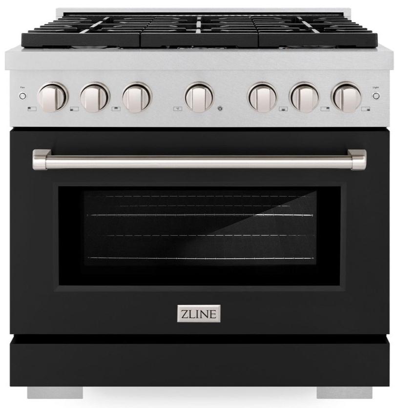 ZLINE 36" 5.2 cu. ft. Paramount Dual Fuel Range with 6 Burners in DuraSnow® Stainless Steel with Black Matte Door, SDRS-BLM-36