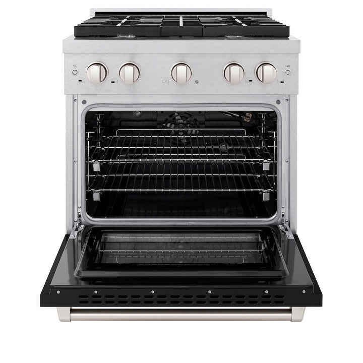 ZLINE Paramount 30" 4.2 cu. ft. Gas Range with Convection Oven in DuraSnow® Stainless Steel with Black Matte Door, SGRS-BLM-30