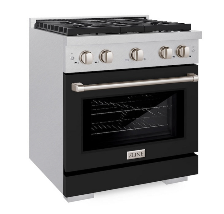 ZLINE Paramount 30" 4.2 cu. ft. Gas Range with Convection Oven in DuraSnow® Stainless Steel with Black Matte Door, SGRS-BLM-30