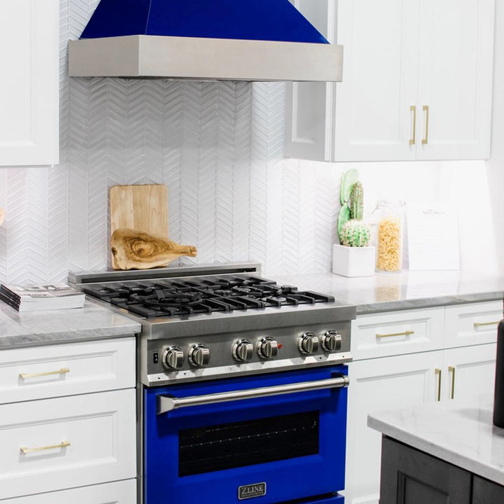 ZLINE 30 in. Kitchen Package with Satin Stainless Steel Dual Fuel Range with Blue Gloss Door and Convertible Vent Range Hood (2KP-RASBGRH30)
