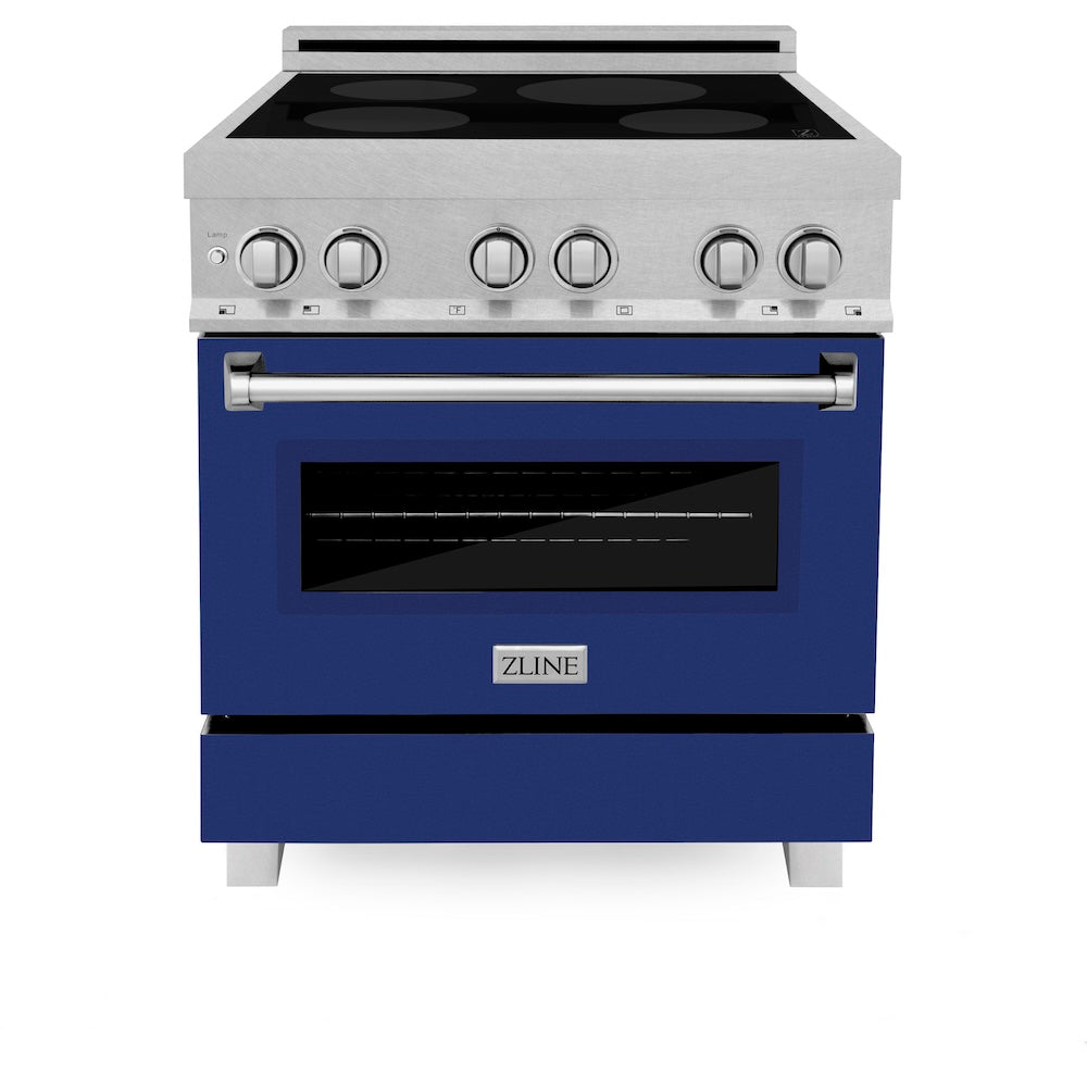 ZLINE 30 in. 4.0 cu. ft. Legacy Induction Range with 4 Element Cooktop and Electric Oven in Satin Stainless Steel and Blue Gloss Door, Open Box-Excellent Condition