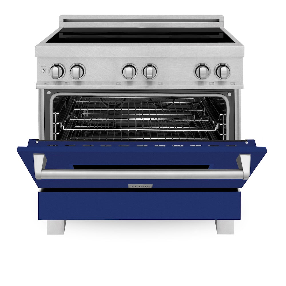 ZLINE 36 in. 4.6 cu. ft. Legacy Induction Range with 5 Element Cooktop and Electric Oven in Satin Stainless Steel and Blue Gloss Door, Open Box-Excellent Condition