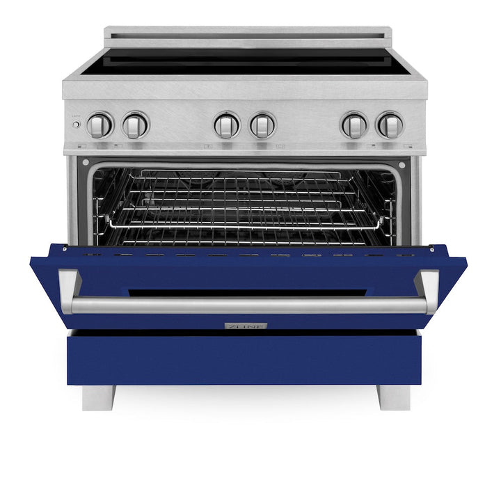 ZLINE 36 in. 4.6 cu. ft. Legacy Induction Range with 5 Element Cooktop and Electric Oven in Satin Stainless Steel and Blue Gloss Door, Open Box-Excellent Condition