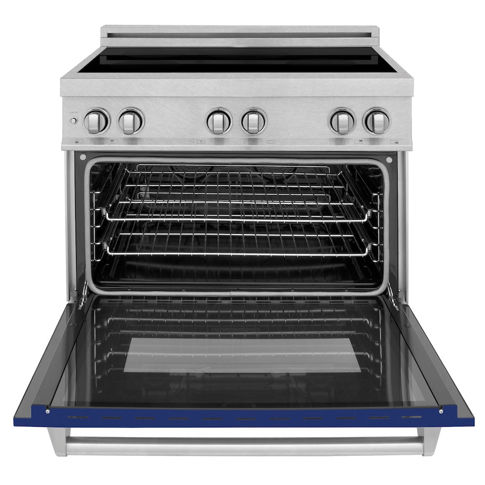 ZLINE 36 in. 4.6 cu. ft. Legacy Induction Range with 5 Element Cooktop and Electric Oven in Satin Stainless Steel and Blue Gloss Door, Open Box-Excellent Condition