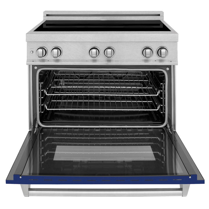 ZLINE 36 in. 4.6 cu. ft. Legacy Induction Range with 5 Element Cooktop and Electric Oven in Satin Stainless Steel and Blue Gloss Door, Open Box-Excellent Condition