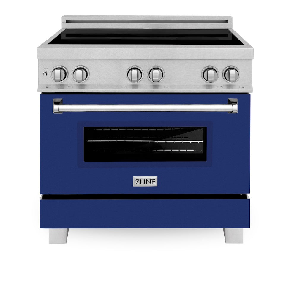ZLINE 36 in. 4.6 cu. ft. Legacy Induction Range with 5 Element Cooktop and Electric Oven in Satin Stainless Steel and Blue Gloss Door, Open Box-Excellent Condition