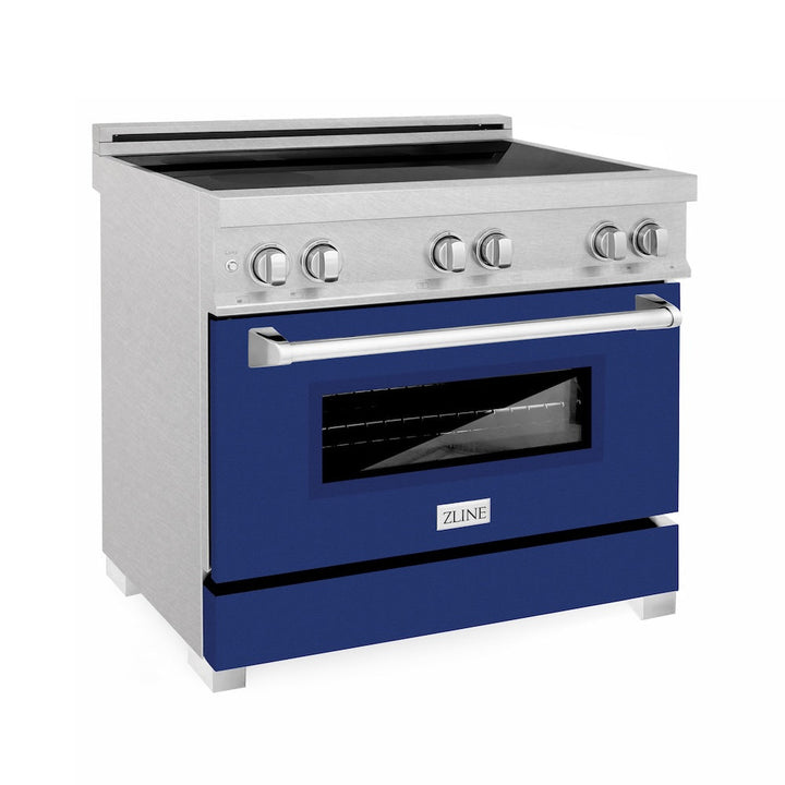 ZLINE 36 in. 4.6 cu. ft. Legacy Induction Range with 5 Element Cooktop and Electric Oven in Satin Stainless Steel and Blue Gloss Door, Open Box-Excellent Condition