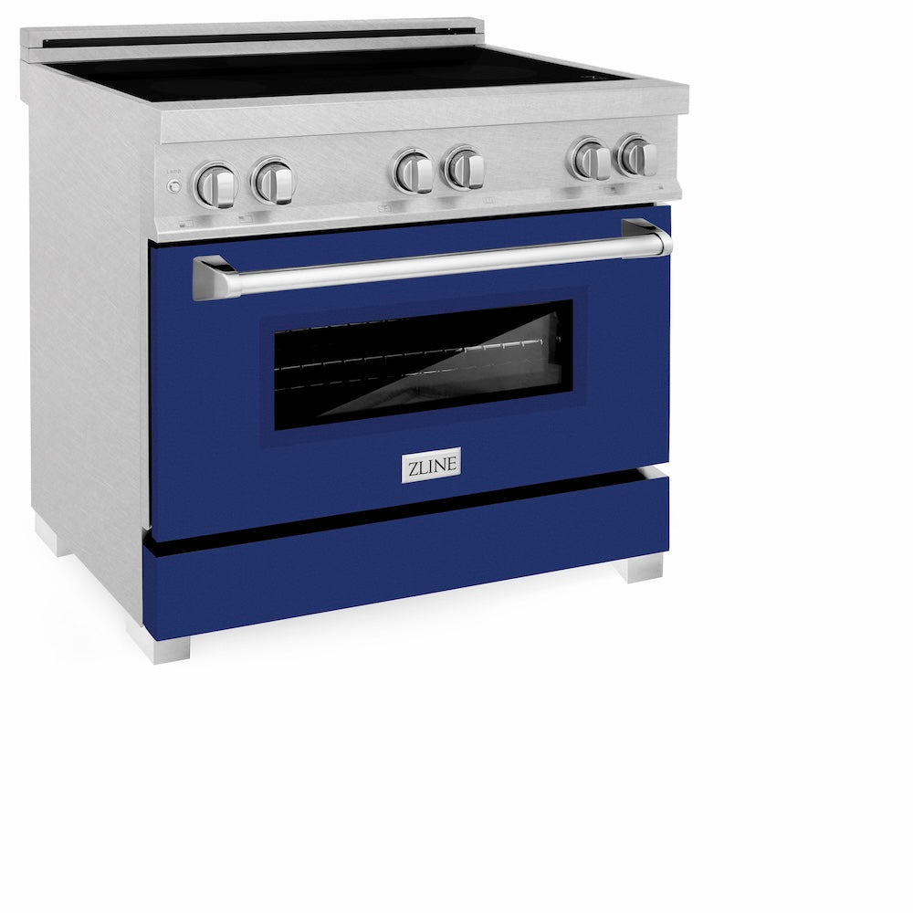 ZLINE 36 in. 4.6 cu. ft. Legacy Induction Range with 5 Element Cooktop and Electric Oven in Satin Stainless Steel and Blue Gloss Door, Open Box-Excellent Condition