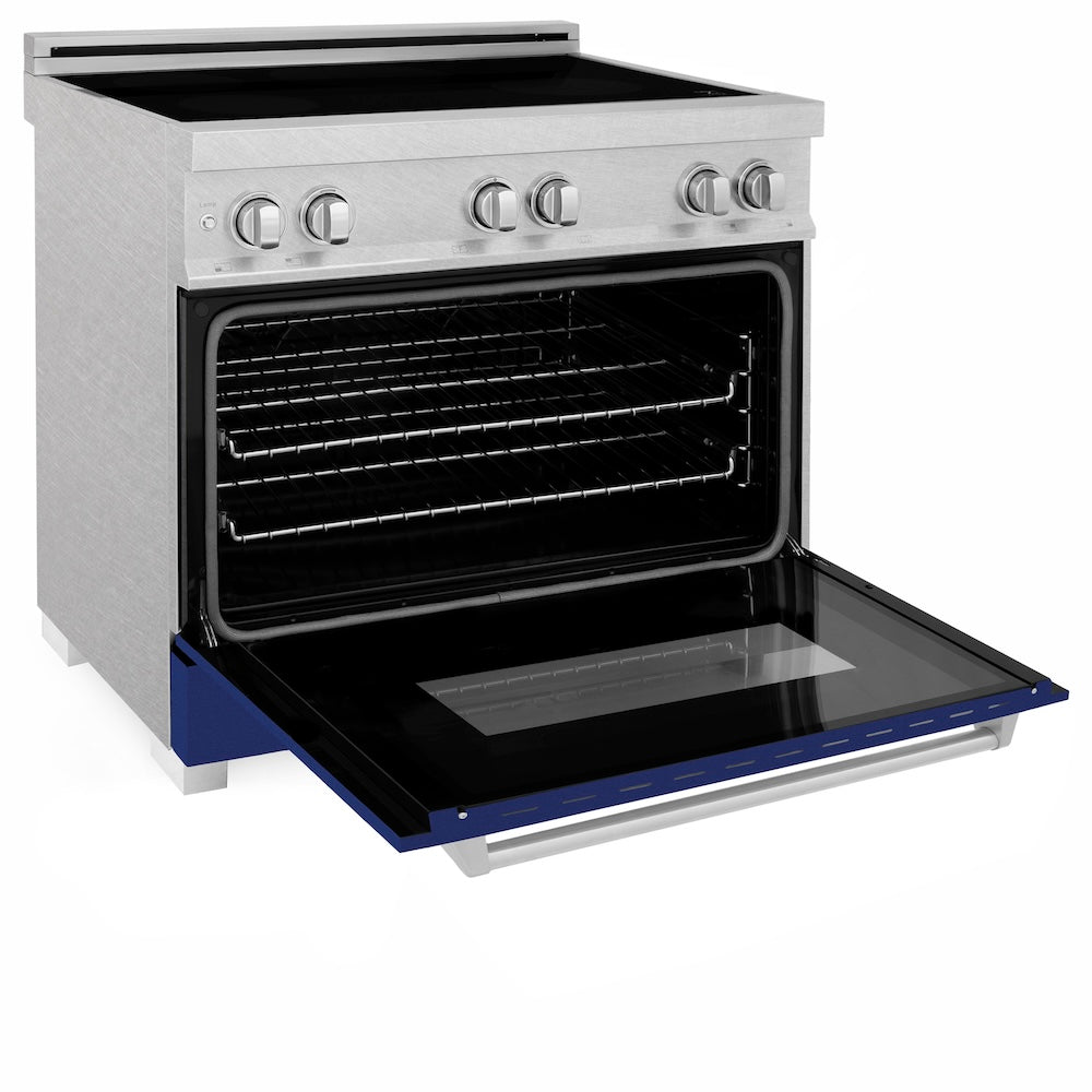 ZLINE 36 in. 4.6 cu. ft. Legacy Induction Range with 5 Element Cooktop and Electric Oven in Satin Stainless Steel and Blue Gloss Door, Open Box-Excellent Condition