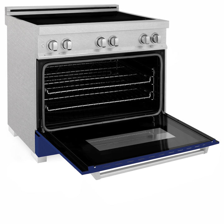 ZLINE 36 in. 4.6 cu. ft. Legacy Induction Range with 5 Element Cooktop and Electric Oven in Satin Stainless Steel and Blue Gloss Door, Open Box-Excellent Condition
