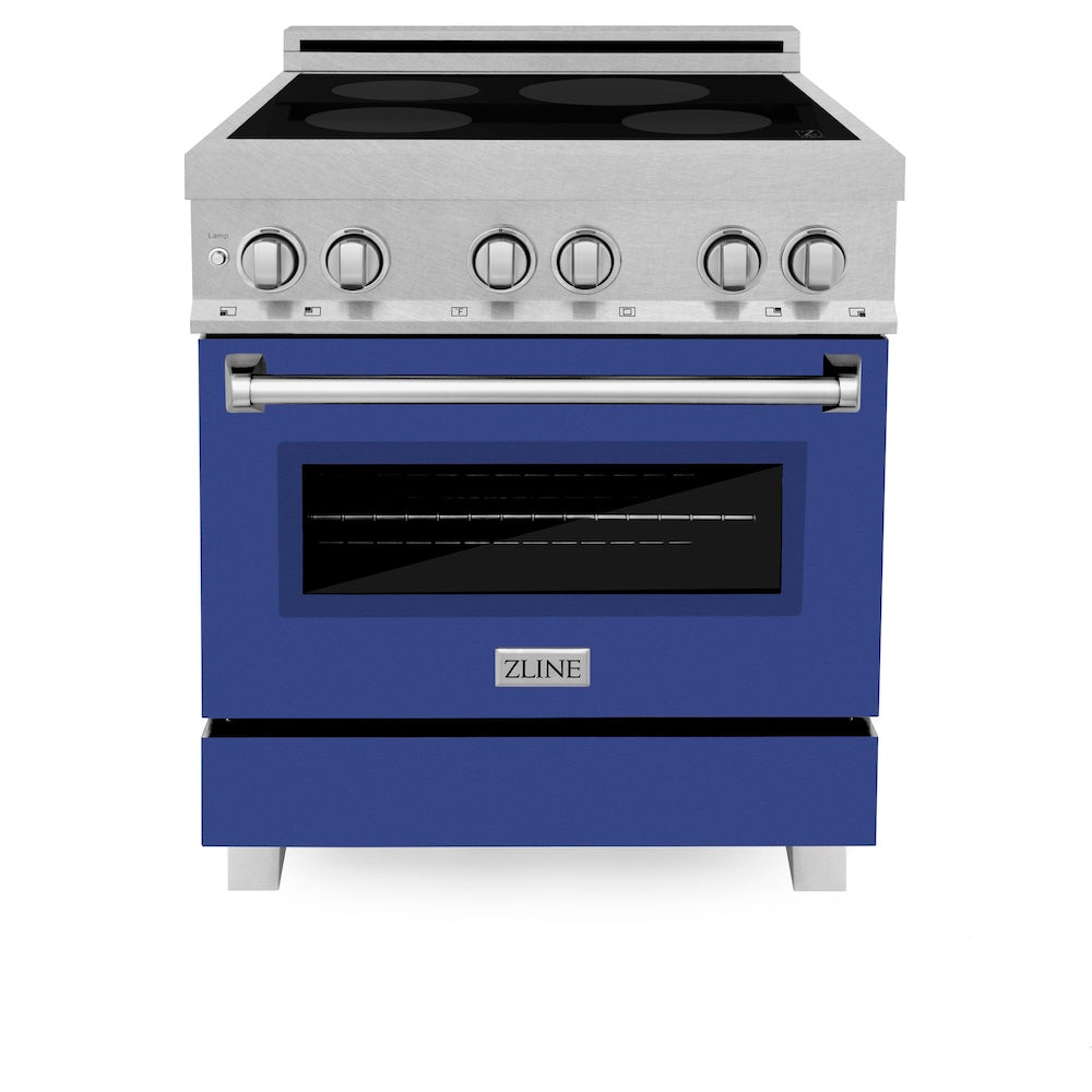 ZLINE 30 in. 4.0 cu. ft. Legacy Induction Range with 4 Element Cooktop and Electric Oven in Satin Stainless Steel and Blue Matte Door, Open Box-Excellent Condition