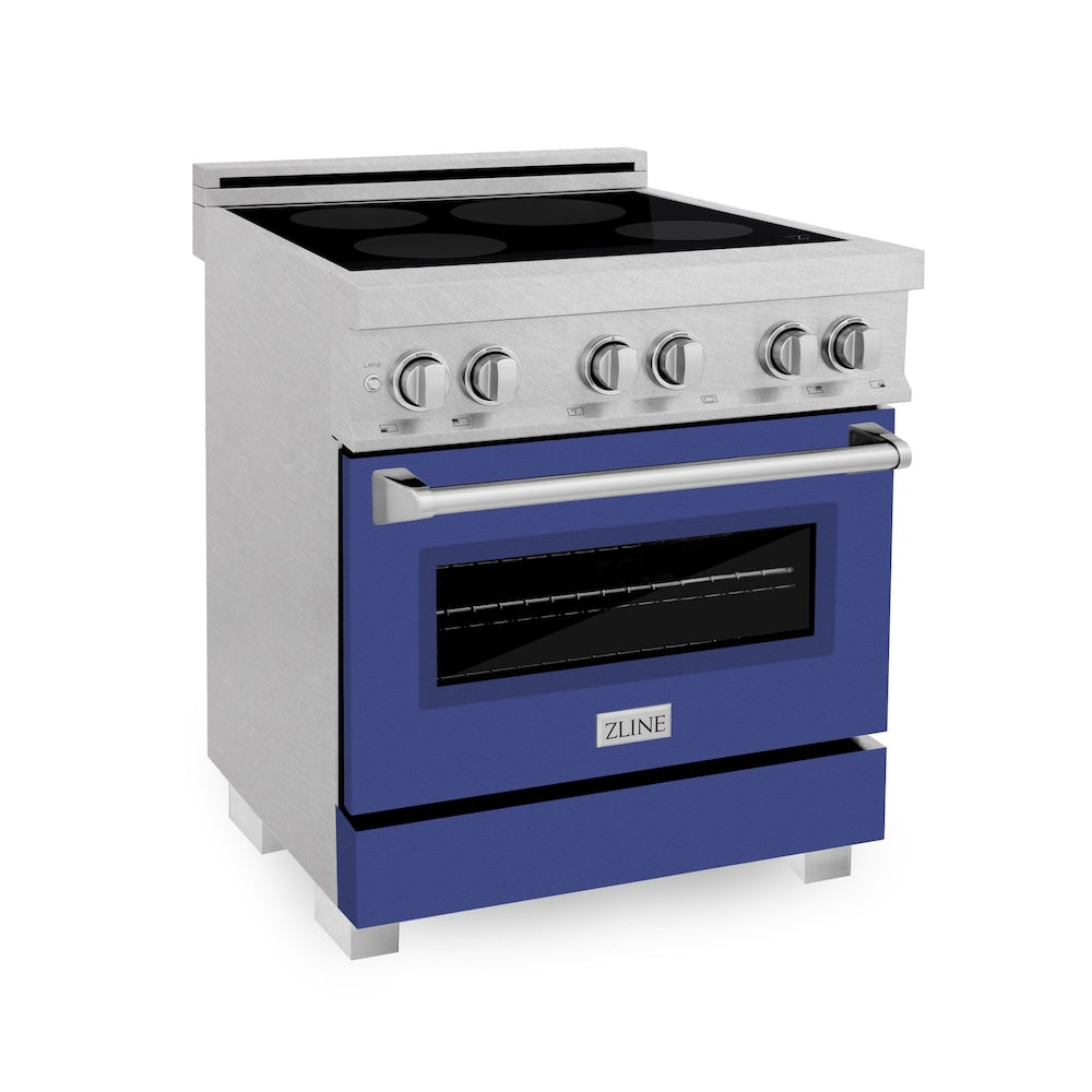 ZLINE 30 in. 4.0 cu. ft. Legacy Induction Range with 4 Element Cooktop and Electric Oven in Satin Stainless Steel and Blue Matte Door, Open Box-Excellent Condition