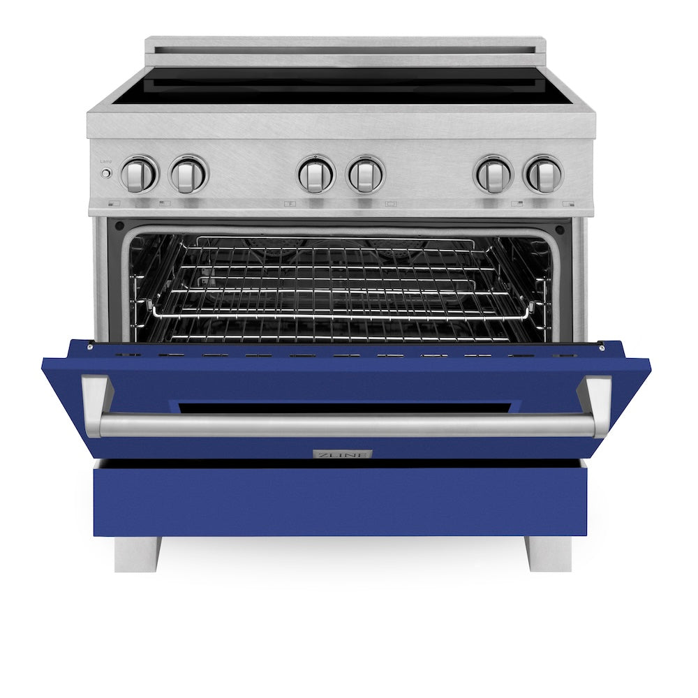 ZLINE 36 in. 4.6 cu. ft. Legacy Induction Range with 5 Element Cooktop and Electric Oven in Satin Stainless Steel and Blue Matte Door, Open Box-Excellent Condition