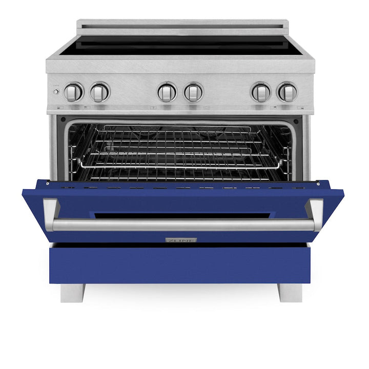 ZLINE 36 in. 4.6 cu. ft. Legacy Induction Range with 5 Element Cooktop and Electric Oven in Satin Stainless Steel and Blue Matte Door, Open Box-Excellent Condition
