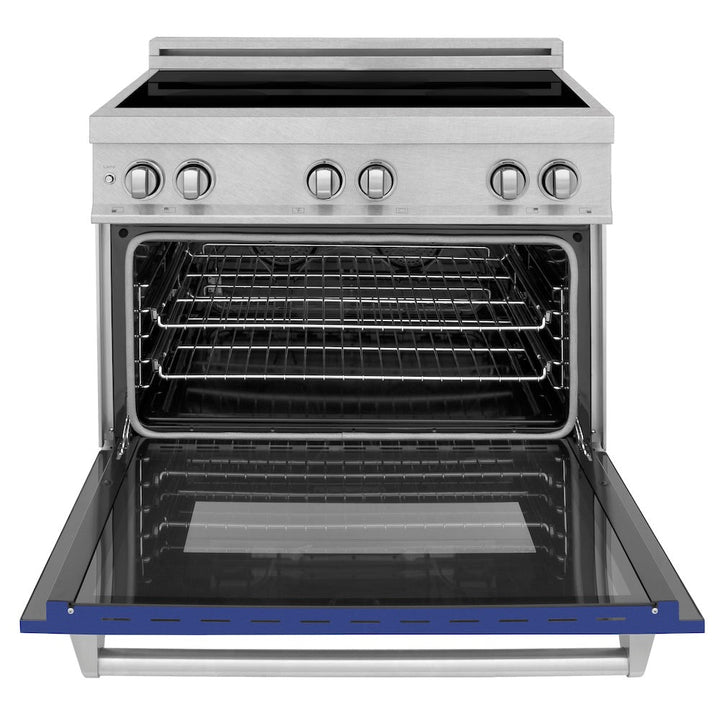 ZLINE 36 in. 4.6 cu. ft. Legacy Induction Range with 5 Element Cooktop and Electric Oven in Satin Stainless Steel and Blue Matte Door, Open Box-Excellent Condition