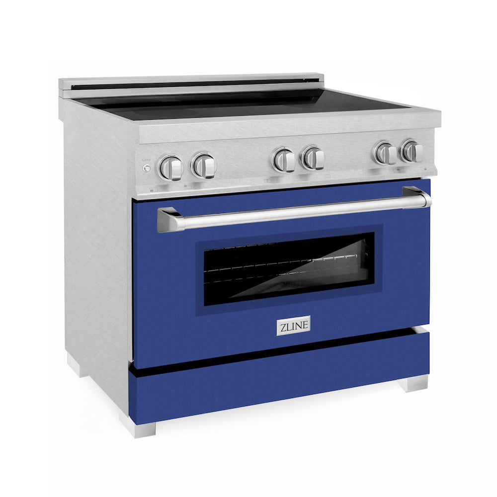 ZLINE 36 in. 4.6 cu. ft. Legacy Induction Range with 5 Element Cooktop and Electric Oven in Satin Stainless Steel and Blue Matte Door, Open Box-Excellent Condition
