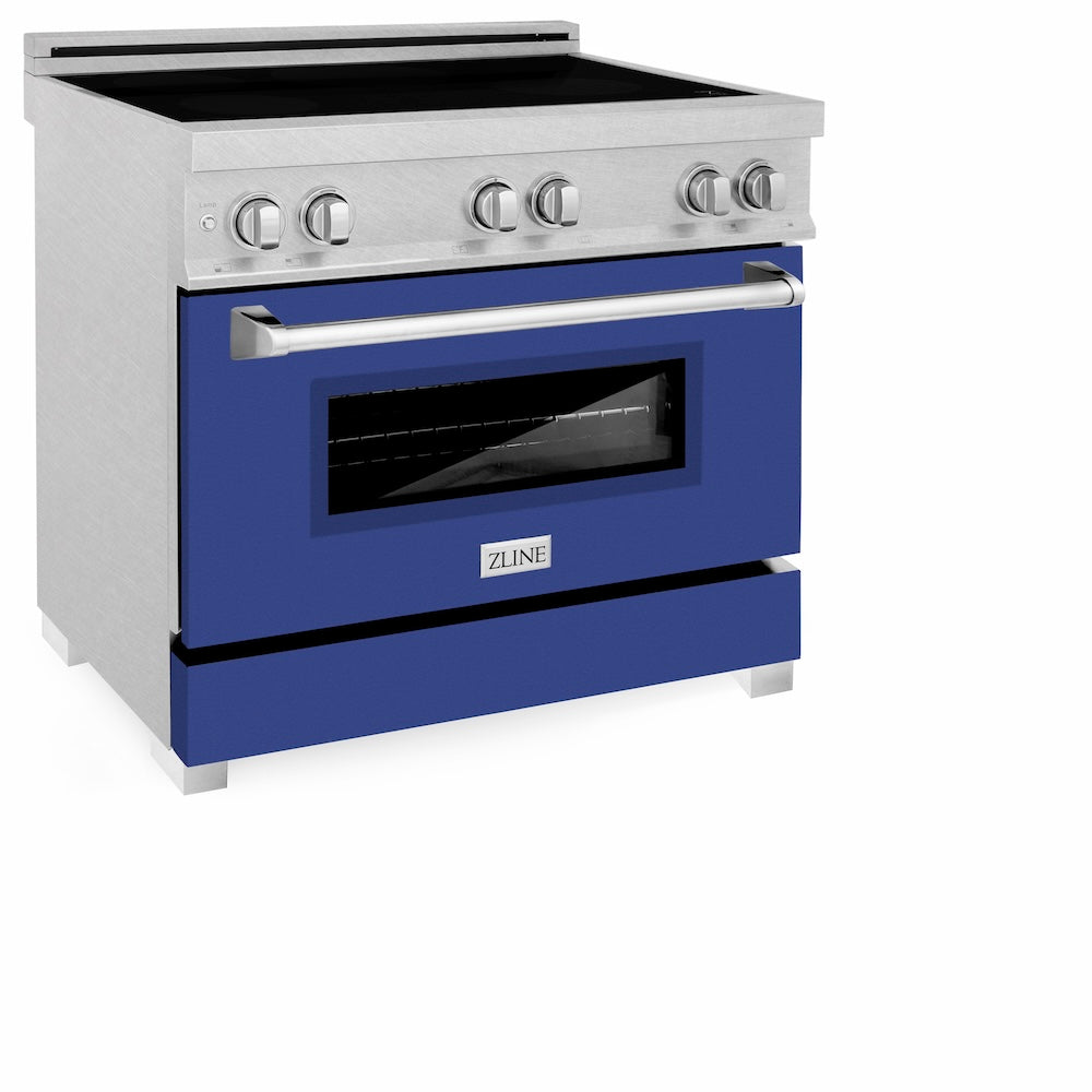 ZLINE 36 in. 4.6 cu. ft. Legacy Induction Range with 5 Element Cooktop and Electric Oven in Satin Stainless Steel and Blue Matte Door, Open Box-Excellent Condition
