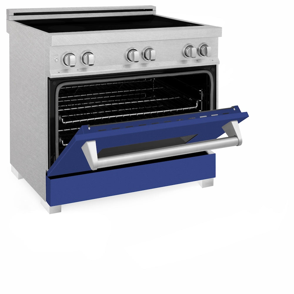 ZLINE 36 in. 4.6 cu. ft. Legacy Induction Range with 5 Element Cooktop and Electric Oven in Satin Stainless Steel and Blue Matte Door, Open Box-Excellent Condition