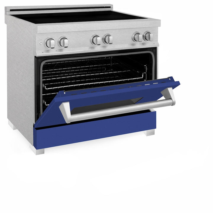 ZLINE 36 in. 4.6 cu. ft. Legacy Induction Range with 5 Element Cooktop and Electric Oven in Satin Stainless Steel and Blue Matte Door, Open Box-Excellent Condition
