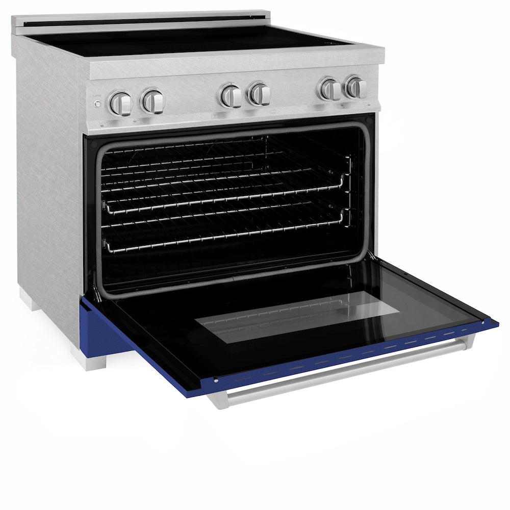 ZLINE 36 in. 4.6 cu. ft. Legacy Induction Range with 5 Element Cooktop and Electric Oven in Satin Stainless Steel and Blue Matte Door, Open Box-Excellent Condition