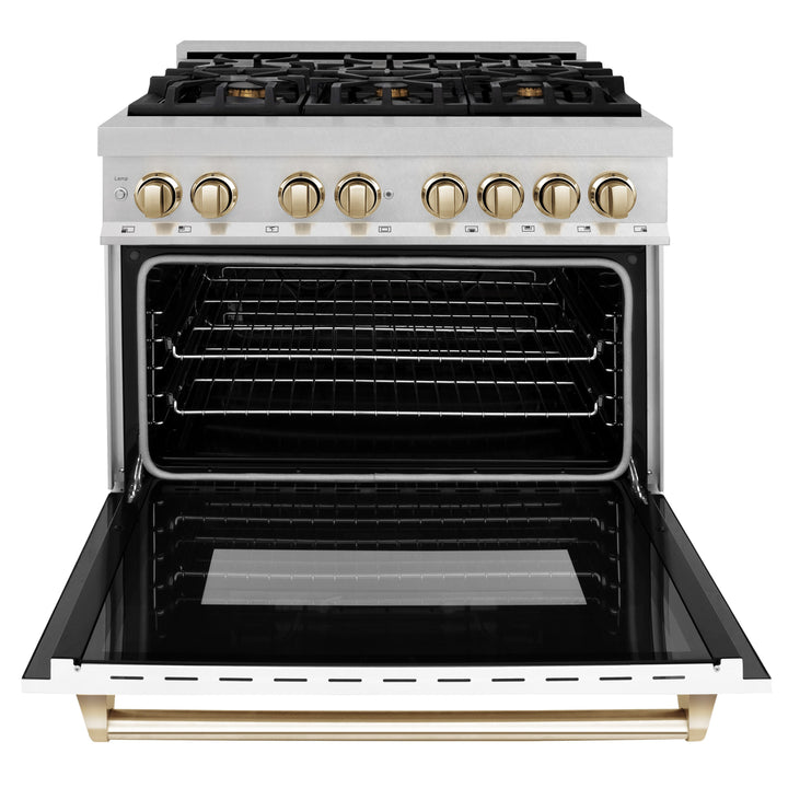 ZLINE Autograph Edition 36 In. Range, Gas Stove and Electric Oven in DuraSnow® Stainless Steel with White Matte Door and Gold Accent, RASZ-WM-36-G