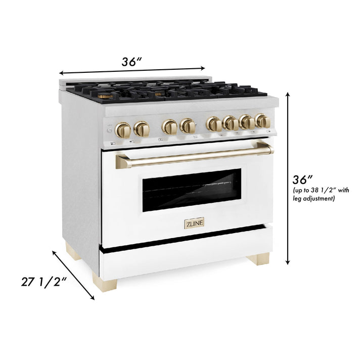 ZLINE Autograph Edition 36 In. Range, Gas Stove and Electric Oven in DuraSnow® Stainless Steel with White Matte Door and Gold Accent, RASZ-WM-36-G