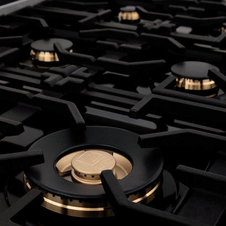 ZLINE Autograph Edition 36 in. 4.6 cu. ft. Legacy Dual Fuel Range with 6 Burner Gas Cooktop and Electric Convection Oven in Satin Stainless Steel and Champagne Bronze Accents (RASZ-SN-36-CB)