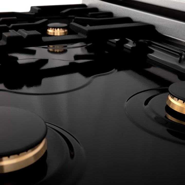 ZLINE Autograph Edition 36 in. 4.6 cu. ft. Legacy Dual Fuel Range with 6 Burner Gas Cooktop and Electric Convection Oven in Satin Stainless Steel and Champagne Bronze Accents (RASZ-SN-36-CB)