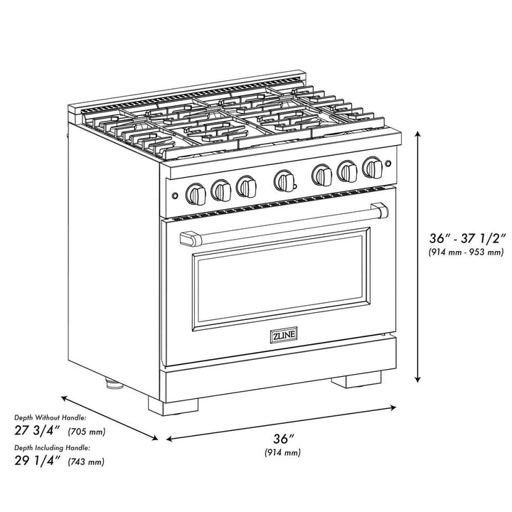 ZLINE 36" 5.2 cu. ft. Paramount Dual Fuel Range in DuraSnow® Stainless Steel with 6 Brass Burners, SDRS-BR-36