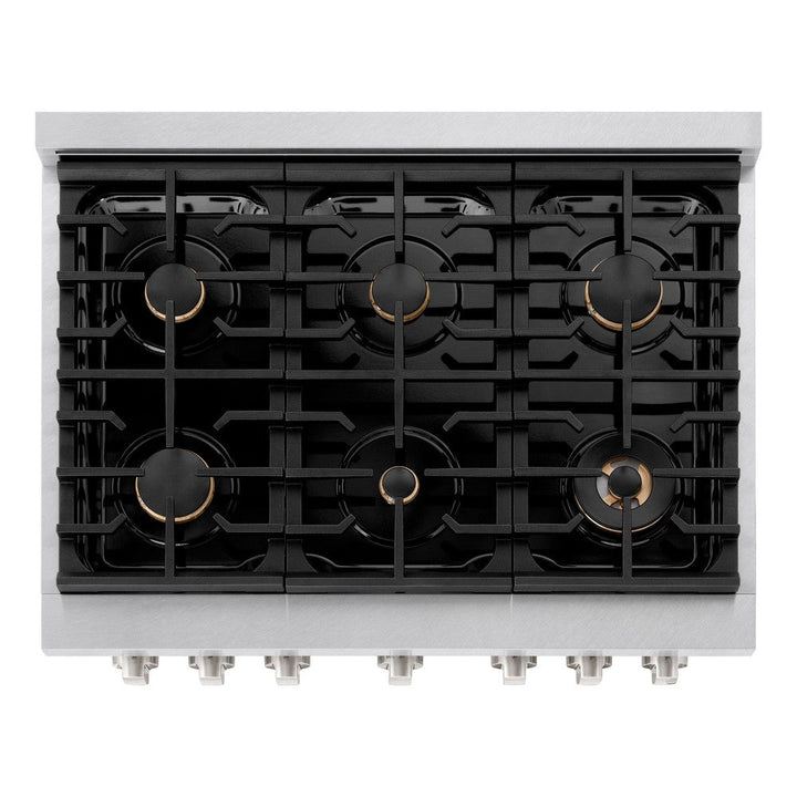 ZLINE 36" 5.2 cu. ft. Paramount Dual Fuel Range in DuraSnow® Stainless Steel with 6 Brass Burners, SDRS-BR-36