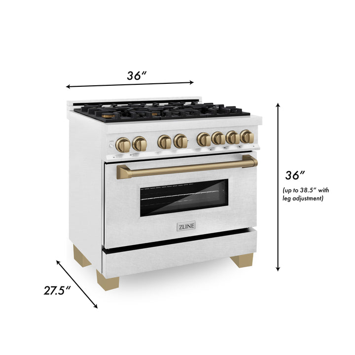 ZLINE Autograph Edition 36 in. 4.6 cu. ft. Range with Gas Stove and Electric Oven in DuraSnow® with Champagne Bronze Accents, RASZ-SN-36-CB