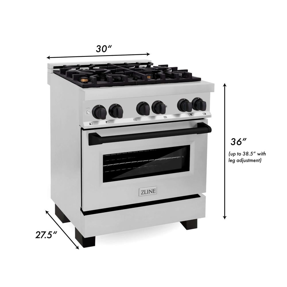 ZLINE Autograph Edition 30 in. Kitchen Package with Stainless Steel Dual Fuel Range and Range Hood with Matte Black Accents (2AKP-RARH30-MB)