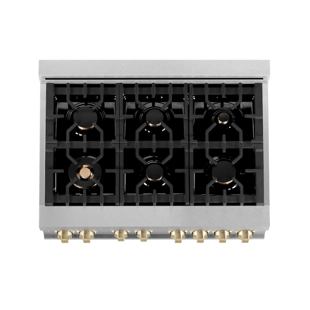 ZLINE Autograph Edition 36 in. 4.6 cu. ft. Legacy Dual Fuel Range with 6 Burner Gas Cooktop and Electric Convection Oven in Satin Stainless Steel with White Matte Door and Polished Gold Accents (RASZ-WM-36-G)