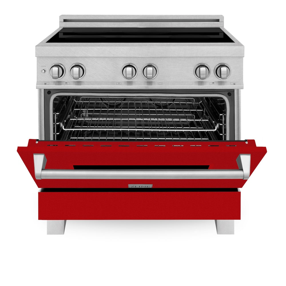 ZLINE 36 in. 4.6 cu. ft. Legacy Induction Range with 5 Element Cooktop and Electric Oven in Satin Stainless Steel and Red Gloss Door, Open Box-Excellent Condition