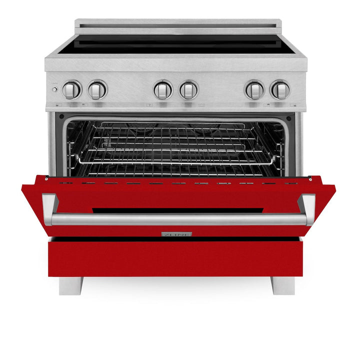ZLINE 36 in. 4.6 cu. ft. Legacy Induction Range with 5 Element Cooktop and Electric Oven in Satin Stainless Steel and Red Gloss Door, Open Box-Excellent Condition