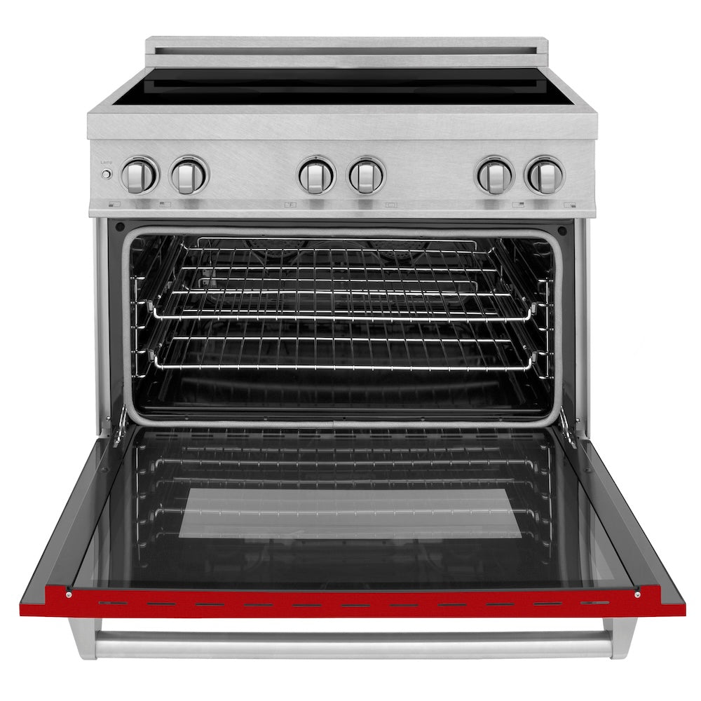 ZLINE 36 in. 4.6 cu. ft. Legacy Induction Range with 5 Element Cooktop and Electric Oven in Satin Stainless Steel and Red Gloss Door, Open Box-Excellent Condition