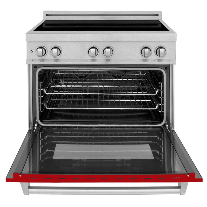 ZLINE 36 in. 4.6 cu. ft. Legacy Induction Range with 5 Element Cooktop and Electric Oven in Satin Stainless Steel and Red Gloss Door, Open Box-Excellent Condition