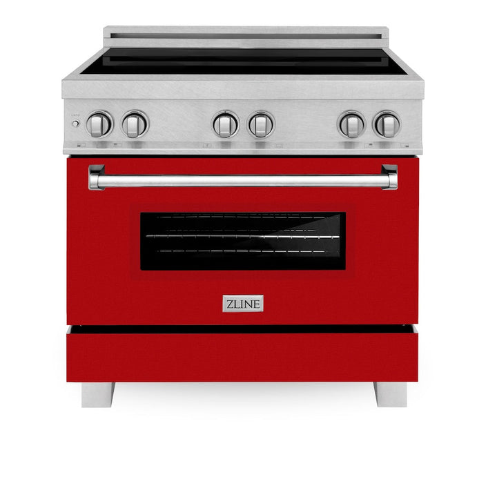 ZLINE 36 in. 4.6 cu. ft. Legacy Induction Range with 5 Element Cooktop and Electric Oven in Satin Stainless Steel and Red Gloss Door, Open Box-Excellent Condition